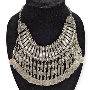 Coin Accent Rustic Silver Tone Multi Coin Bib Statement Necklace Adjustable